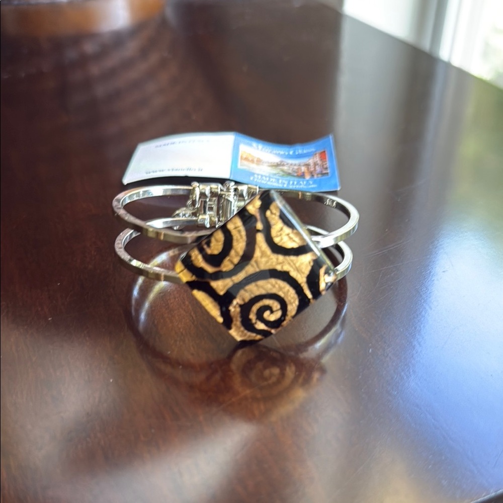 NWT Murano Glass Gold and Black Swirl Cuff Bracelet made in Italy